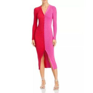 STAUD Shoko Two Tone Split Cardigan Midi Dress Pink Red Size Large
